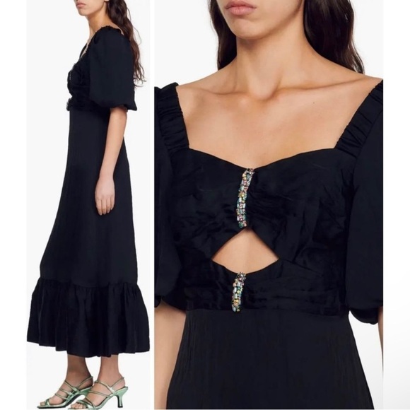 NWT SANDRO Falbala Rhinestone Embellished Cutout Midi Dress Black 6 - Picture 3 of 16